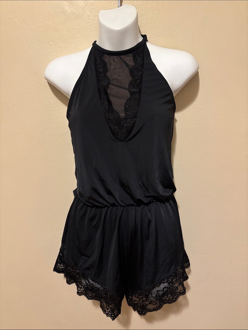 Lace Trim Halter Romper Sleepwear - Black